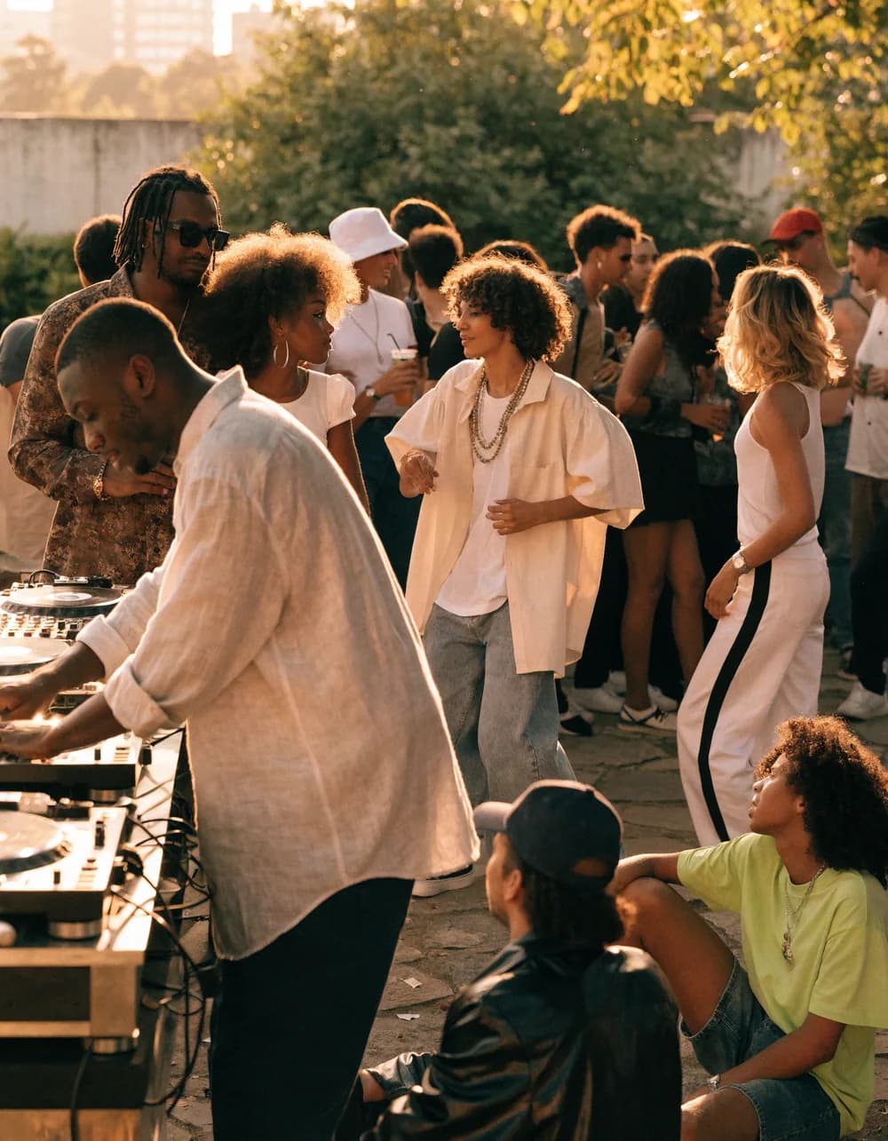 A DJ playing at a golden-hour gathering, people dancing.
