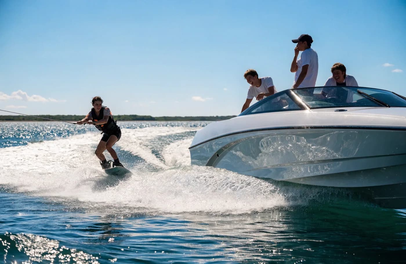 Wakeboarding behind a modern speedboat on a lagoon.